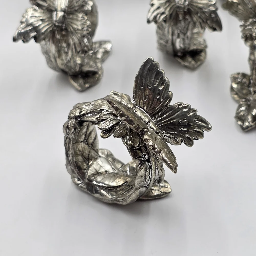 Vtg Silver Resin Butterfly Napkin Ring Hokder Set Of 7